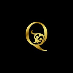 Gold Luxury Letter Q Ornament Logo. Alphabet monogram gold floral deco ornate initial letter design