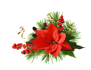 Christmas corner arrangement with red poinsettia flower , berries, cones and golden