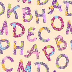 Floral letters, seamless pattern, pink. Lilac letters with flowers and leaves. Uppercase handwritten letters. Vector.  