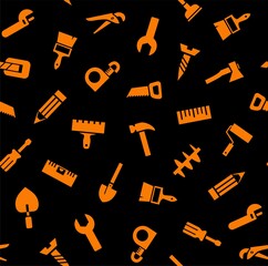 Hand tools, construction, seamless pattern, color, black. Orange icons on a black field. Colored flat background. Vector.  
