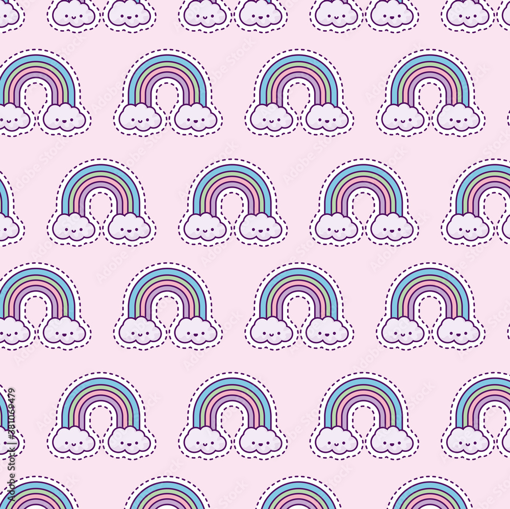 Poster pattern with rainbow and clouds, patch style