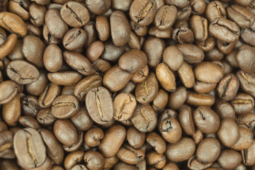 Large quantities of coffee beans as a background with place for text