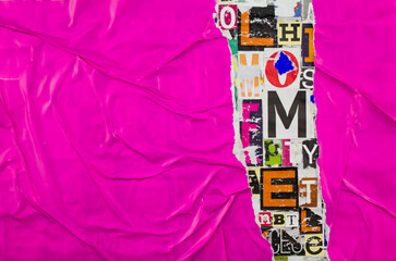 Torn and crumpled purple paper on colorful collage from clippings with letters and numbers background.