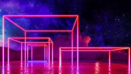 Sci fi virtual reality landscape cyberpunk style 3d render, Fantasy universe and space cloud background