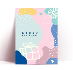 Abstract trendy christmas card or poster design template with hand drawn liquid shapes and outlined gift box package and snowflake and Merry Christmas lettering. Vector illustration
