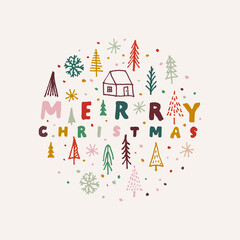 Christmas hand drawn round label or badge with colored fir trees and snowflakes and Merry Christmas lettering for card or poster design. Vector illustration