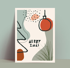 Abstract retro vintage styled christmas poster with hand drawn abstract shapes and christmas tree and christmas ball silhouettes and Merry Xmas lettering. Vector illustration.