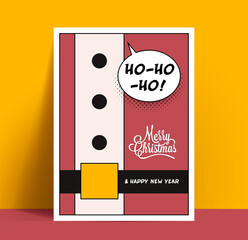 Christmas comics styled poster or postcard design template with red Santa's suit with belt on background and Merry Christmas lettering. Vector illustration