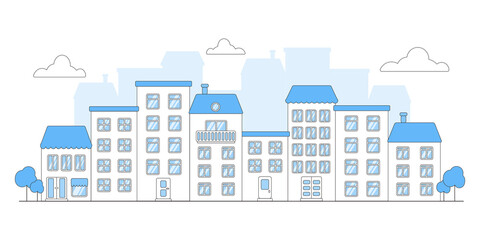 Vector flat illustration in blue, panoramic view, urban landscape
