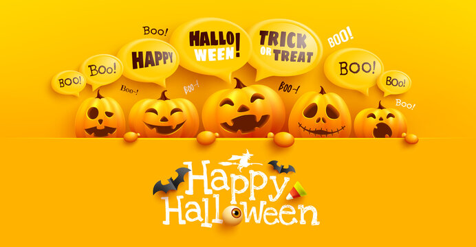 Happy Halloween poster and banner template with cute halloween pumpkin and yellow bubble message on top. Website spooky,Background or banner Halloween template.