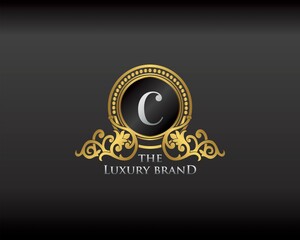 Gold Luxury Brand Letter C Elegant Logo Badge. Golden Letter Initial Crest, Wreath and Crown Monogram Design Vector.