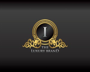 Gold Luxury Brand Letter I Elegant Logo Badge. Golden Letter Initial Crest, Wreath and Crown Monogram Design Vector.
