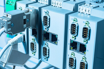 Embedded computer in industrial equipment. Network component of industrial equipment. Fragment of a...