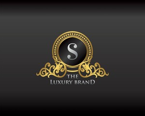 Gold Luxury Brand Letter S Elegant Logo Badge. Golden Letter Initial Crest, Wreath and Crown Monogram Design Vector.