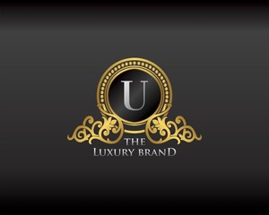 Gold Luxury Brand Letter U Elegant Logo Badge. Golden Letter Initial Crest, Wreath and Crown Monogram Design Vector.