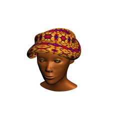 3d model of the head of a girl with strange eyes and a multi-colored hat.