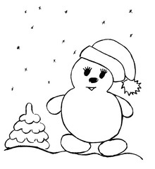 Snowman in a hat next to a small Christmas tree