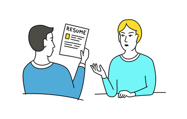 HR interview sketch. Talking with a job applicant. Male recruiter hired, reading resume. Vector cartoon.