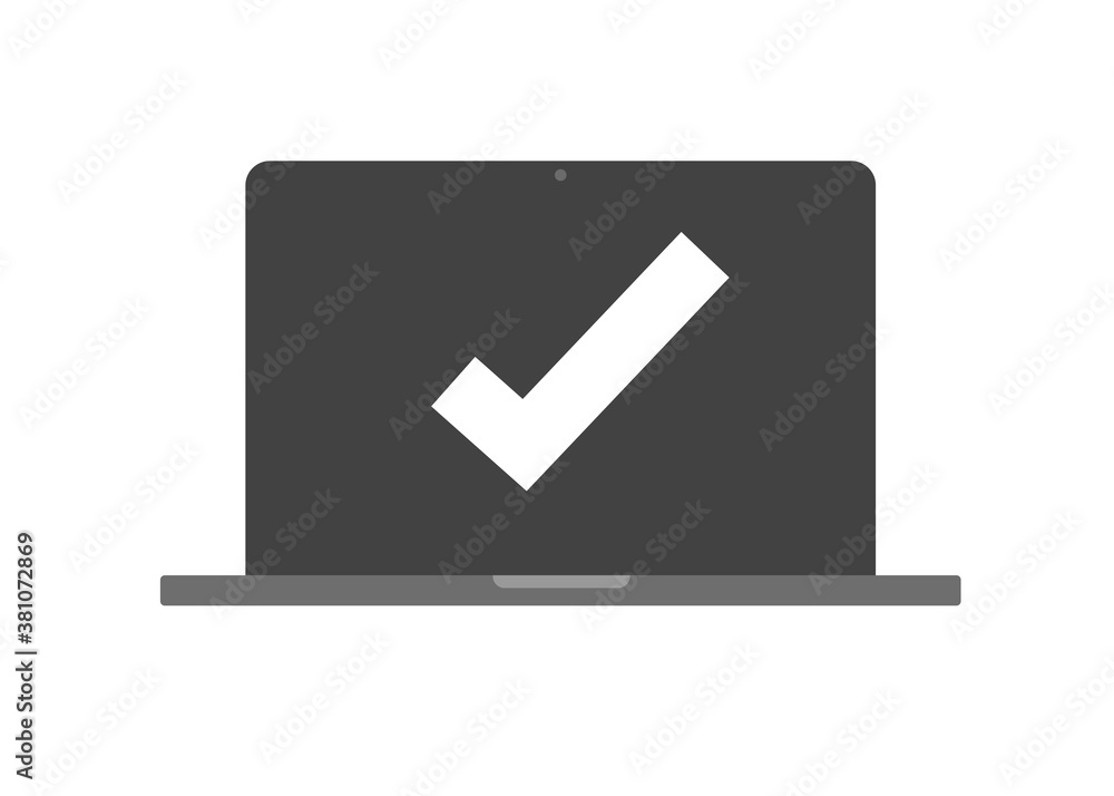 Poster confirm notice message check mark online tick choose icon vector on laptop computer pc, approved che