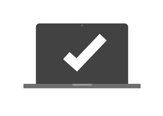 Confirm notice message check mark online tick choose icon vector on laptop computer pc, approved checkmark select notification flat symbol isolated clipart, screen note or updated task