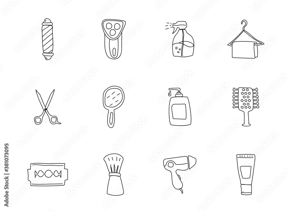 Poster barber shop hand drawn linear vector icons isolated on white background. barber shop doodle icon set
