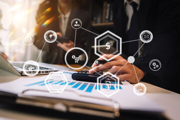 Project manager working and update tasks with milestones progress planning and Photo professional investor working new start up project.
