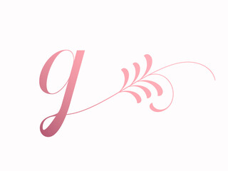 Letter G logo with decorative floral elements.Ornamental lowercase lettering sign concept.Pink color alphabet initial icon isolated on light background.Elegant,organic,luxury style character shape.