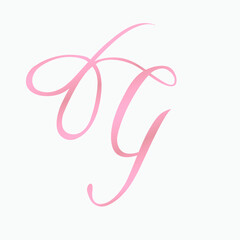 Letter G logo.Calligraphic icon isolated on light background. Lettering sign with ribbon bow.Pink decorative alphabet initial.Elegant, feminine, whimsical, bright wedding script signature character.