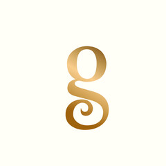 Letter g logo.Typographic icon.Lowercase alphabet initial with decorative swirl.Luxury, elegant, boutique wedding style sign isolated on light background.Gold color.