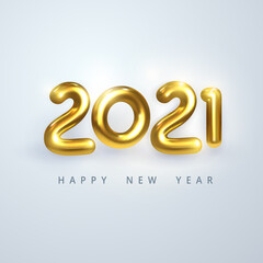 Happy New Year 2021. Golden metallic numbers 2021 on white background