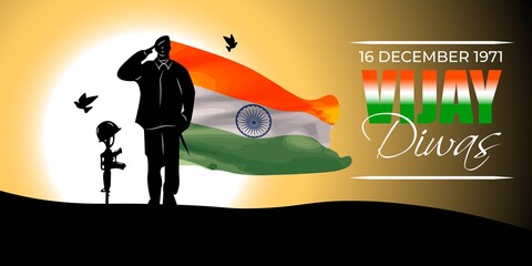 Vector illustration of Vijay Diwas banner, 16 december 1971, India flag, soldier with rifle and helmet, flying birds, banner template for websites.