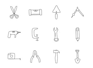 work tools hand drawn linear vector icons isolated on white background. work tools doodle icon set for web and ui design, mobile apps and print products