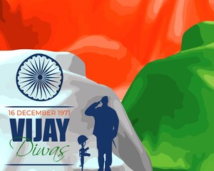 PriVector illustration of Vijay Diwas banner, 16 december 1971, wavy abstract India flag, soldier with rifle and helmet, flying birds, banner template for websites.