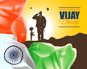 PriVector illustration of Vijay Diwas banner, 16 december 1971, wavy abstract India flag, soldier with rifle and helmet, flying birds, banner template for websites.