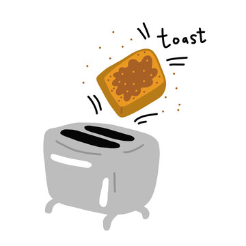 Toaster and slice of bread. Kitchen equipment. Breakfast toast. Hand drawn sketch. Vector poster. Cartoon illustration.
