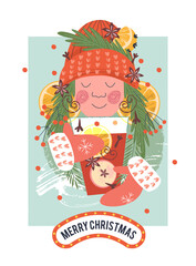 Christmas card in cartoon style. The girl drinks mulled wine. Vector illustration.