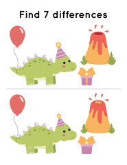 Find seven differences. Cute Stegosaurus dinosaur with balloon and gift. Birthday theme. Educational game for preschool kids.