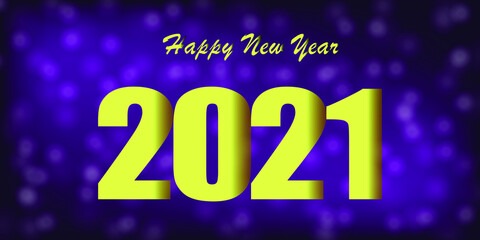 Gold or yellow Color of 2021 text and Happy new year on purple background. With the bokeh.