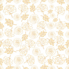 A seamless pattern with leaves and rose flowers. A hand-drawn drawing. Golden contour.