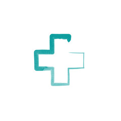 watercolor medical cross. pharmacy brush style emblem. Stock vector illustration isolated on white background.