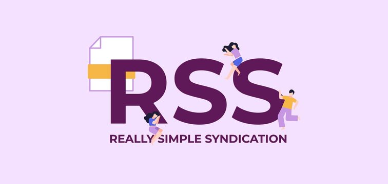 RSS really simple syndication. Business programming and coding technologies and web software digital graphic scripts and vector monitoring interfaces poster of mobile applications.