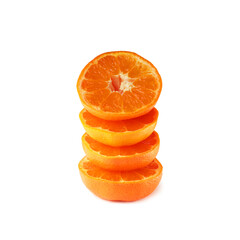 Fototapeta na wymiar Citrus fruits pyramid. Mandarin orange cut in half isolated on white background. Citrus reticulata, tangerine, clementine