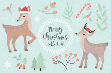 Merry christmas postcard. Cute fawn in the winter forest set of objects. Collection of design elements with a little deer in a hat of Santa Claus, snowflakes and a Christmas tree. Vector illustration
