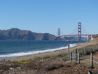 Golden Gate Bridge in San Francisco, California - from Baker Beach. Beautiful perspective with...