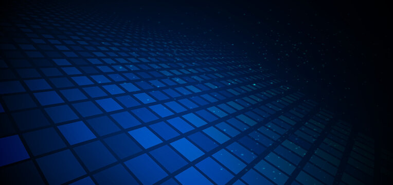 Abstract technology futuristic digital concept square pattern with perspective and lighting glowing particles dots elements on dark blue background.