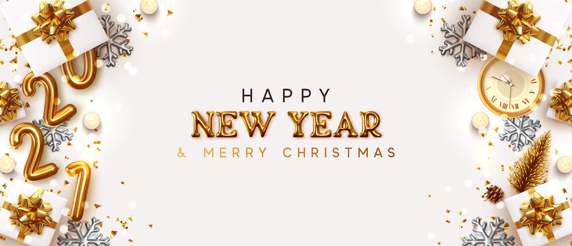Happy New Year 2021. Golden metal 3d number and gold lettering. Festive realistic decoration. Celebrate party 2021, Web Poster, banner, cover card, brochure, flyer, layout design. Xmas background