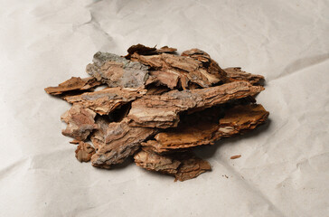 Heap of Pine Tree Bark Chip on Old Paper Background