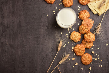 Oatmeal cookies and milk on a background with place for text. Healthy breakfast concept.