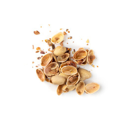 Pile of pistachios husks isolated on white background