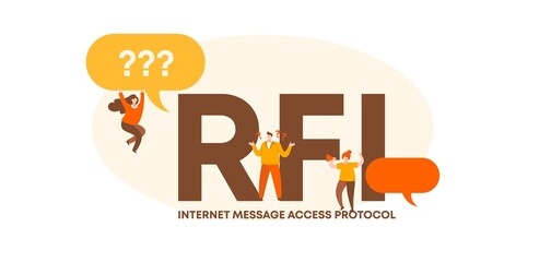 RFI internet message access protocol. User data protection and coding technologies web software digital graphic scripts and business monitoring interfaces poster of mobile vector applications.